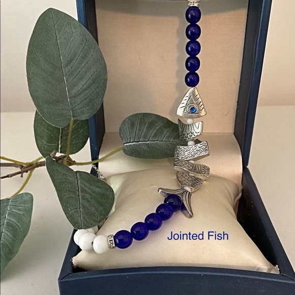 Silver Fish Necklace. Blue & White Glass Beads. Length can be Adjusted to Fit. - Picture 2 of 8